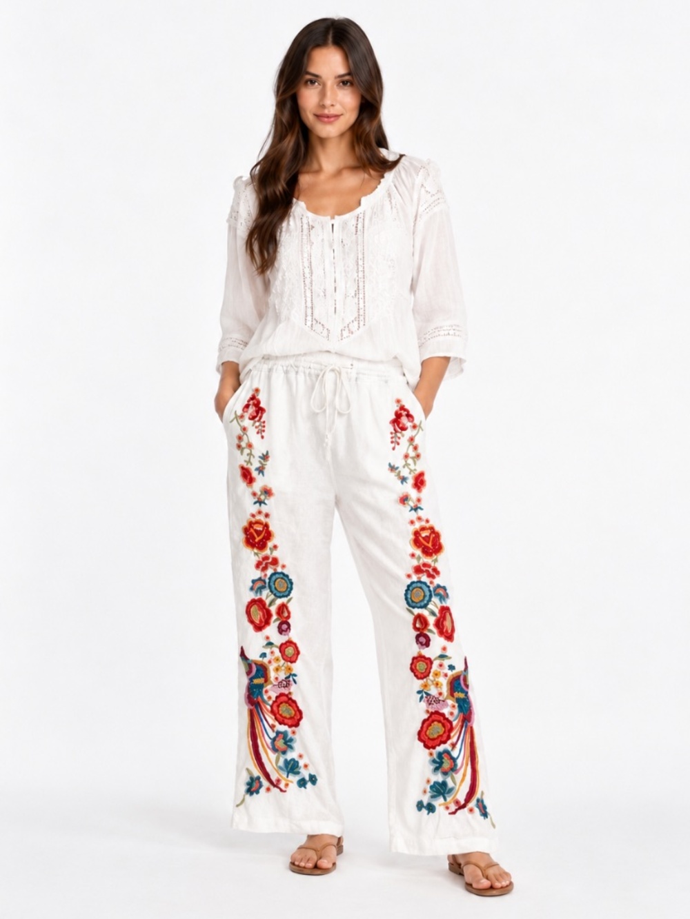 Johnny Was Embroidered Peacock White Linen Wide Leg Pants M